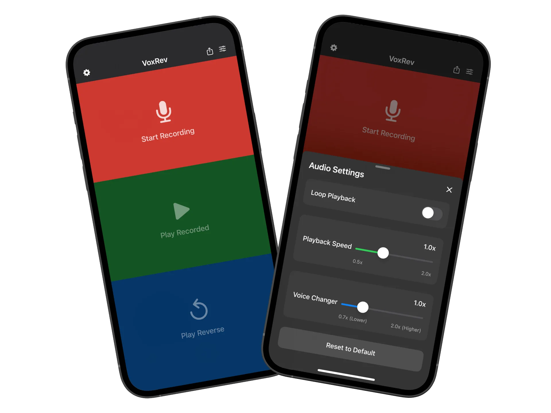 Reverse Audio app interface showing audio recording and playback features